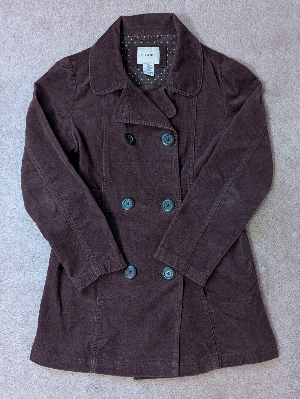 Vintage Y2K Cherokee Brown Corduroy Pea Coat Jacket Double Breasted - Picture 4 of 7